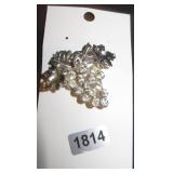 Silver-Tone Leaf and Rhinestone Grape Brooch
