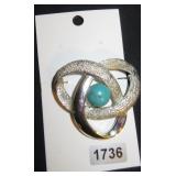 Silver-Tone Interlocking Loop Brooch with Turquois