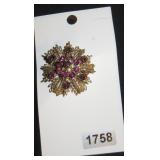 Gold-Tone Flower Brooch with Red Rhinestones