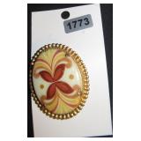 Oval Brooch with Painted Floral Motif
