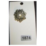 Round Rhinestone and Faux Pearl Brooch