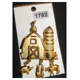 Gold Tone Farm House Brooch with Animal Charms