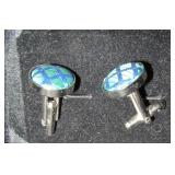 Silvertone Round Cufflinks with Green and Blue Geo