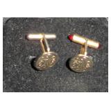 Gold Tone Etched Circle Cufflinks with Red Stone A