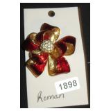 Roman Red Ribbon Brooch with Rhinestone Center