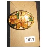Oval Gold-Tone Orange Floral Enamel Brooch