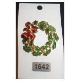 Enamel and Rhinestone Christmas Wreath Brooch