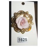 Gold Filigree Brooch with Pink Rose