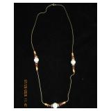 Beaded Long Chain Necklace with White and Metallic