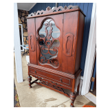 Antique Wood Display Cabinet with Interior Shelving and Drawer