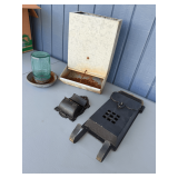 Galvanized Poultry Feeder, Ball Jar Poultry Waterer, and Two Cast Iron Holders