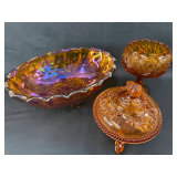 Carnival Glass Bowl Set with Footed Bowl, Amber Covered Bowl, and Pedestal Bowl