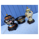 Cloisonné Trio: Lidded Vessels and Bowl with Display Stands