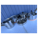 Set of Six Stainless Steel Cookware Pieces with Copper Clad Bottoms