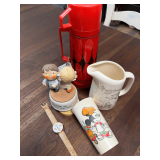 Vintage Children's Figural Decorated, Pitcher, Cup, Thermos, Music Box, and Rice Krispies Watch