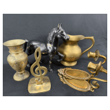 Brass Decor Lot Featuring Pitcher, Candlestick Holders, and Treble Clef