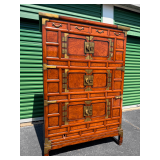 Asian-Inspired Hardwood Cabinet with Brass Accents