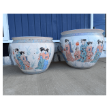 Oriental Ceramic Planters with Geisha and Goldfish Motifs