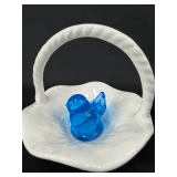 Ceramic Basket with Signed Blown Glass Bird Figurine