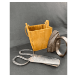 Assorted Items: Wooden Box, Iron, and Shears