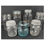 Immerser with Group of Seven Glass Jars with Metal Lids and Wire Bails