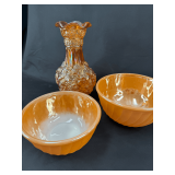 Three Piece Marigold Carnival Glass Set: Vase and Bowls