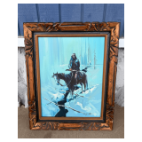 Framed Painting on Canvas, Native American on Horseback in Winter Scene, Signed 'Baiyin Suns'