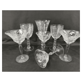 Set of Seven Etched Stemmed Glasses