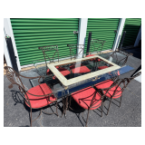 Glass Top Dining Table with Six Wrought Iron Chairs