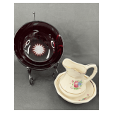 Pleasant Company Red Glass Bowl with Floral Miniature Pitcher and Wash Basin