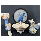 Mixed Ceramics Collection: Pedestal Bowl, Floral Basket, and Framed Peacock
