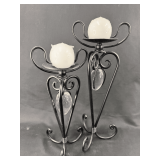 Pair of Black Wrought Iron Candle Holders with Glass Accents
