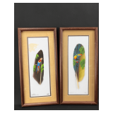 Framed Feather Art Depicting Parrots, Set of Two