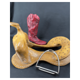 Decorative Equestrian Items Including Cowboy Boot Vase, Saddle Form, and Stirrup