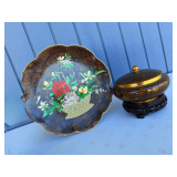 Cloisonné Enamel Lidded Bowl and Charger with Display Stand