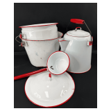 White/Red Enamelware Kitchen Collection: Pot, Kettle, Ladle, and Pan