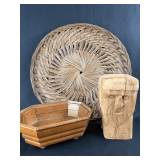 Wood Carved Head, Woven Basket, and Wooden Box
