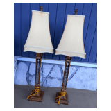 Pair of Decorative Table Lamps with Floral Etched Glass Columns