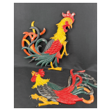 Pair Cast Metal Rooster Decorative Wall Plaques