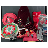 Assorted Christmas Decor Lot with Stocking Holders, Santa in Chimney, Quilted Embroidery Hoop, and Santa Tree Skirt