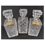 Set of Three Etched Glass Liquor Decanters with 'Vodka' and 'Gin' Labels