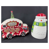 Hallmark Ceramic Cookie Jar Set: 'Dancing Gingerbread Bakery' and Snowman Design