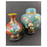 Cloisonne Vase and Ginger Jar Pair with Floral and Bird Motifs