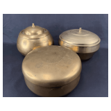 Set of Three Lidded Brass Bowls with Etched Details