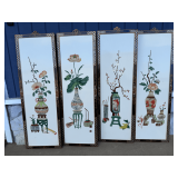 Four-Panel Asian Lacquer Wall Screen with Floral Inlay