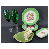 Homer Laughlin Dishes with Stemware and Royal Albert Bunny Candy Dish