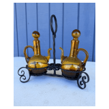 Blown Amber Glass Oil and Vinegar Cruets with Wrought Iron Stand