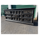 Black Painted Credenza with Decorative Cabinet Doors and Drawers