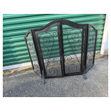 Black Metal Three-Panel Fireplace Screen with Scrollwork Design