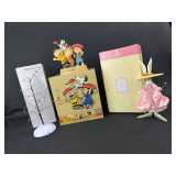 Hallmark Peanuts Gallery Figurine, Department 56 Krinkles Artist Bunny, and Village Accessories Lit Tree